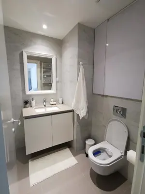a bathroom with a toilet and a sink and a mirror at Beograd na vodi -Belgrade Waterfront BW in Sajmište