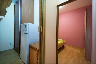 a kitchen with a refrigerator and a red wall at Sasa's House in Belgrade