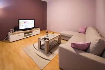 a living room with a couch and a tv at Sasa's House in Belgrade