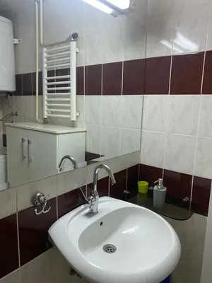 a bathroom with a sink and a mirror at Hill Apartment in Belgrade