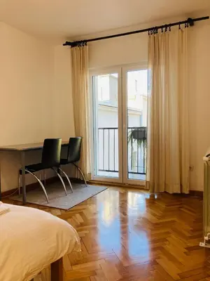 a bedroom with a bed and a desk and a window at Njegoševa in Belgrade