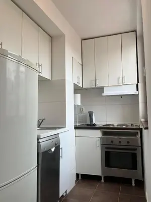 a kitchen with white cabinets and a black refrigerator at Njegoševa in Belgrade