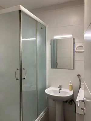 a bathroom with a glass shower and a sink at Njegoševa in Belgrade