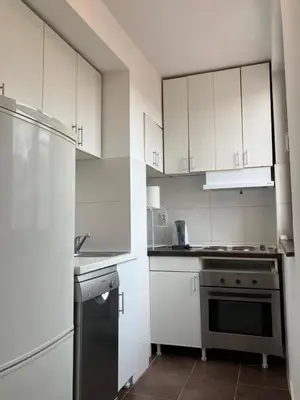 a kitchen with white cabinets and a black refrigerator at Njegoševa in Belgrade