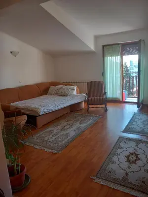 a living room with a couch and wooden floors at Cosy Rooftop studio with balcony in Belgrade