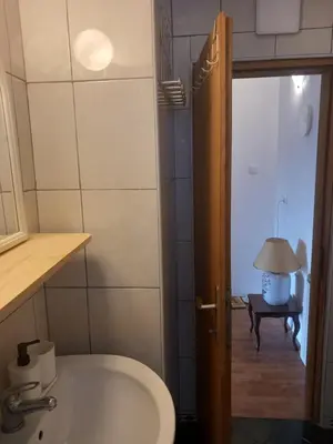 a bathroom with a sink and a toilet and a lamp at Cosy Rooftop studio with balcony in Belgrade