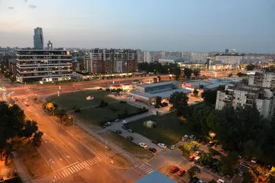 an aerial view of a city at night at Viewpoint in Belgrade