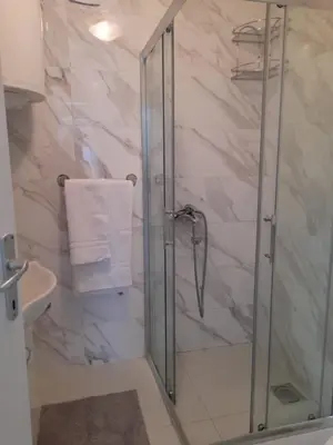 a bathroom with a shower with a glass door at Apartman Giovanni 2 in Arandjelovac