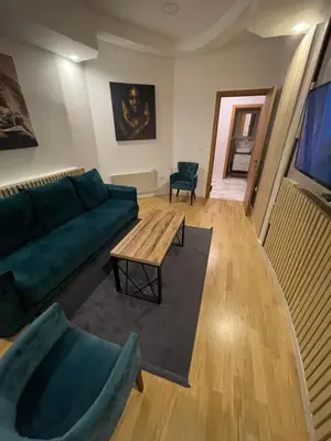 a living room with a green couch and a table at Sofie - free parking place in the garage in Belgrade