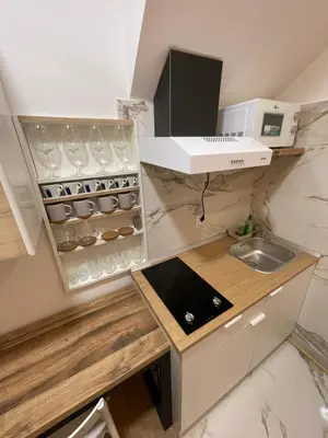 a small kitchen with a sink and a microwave at Sofie - free parking place in the garage in Belgrade