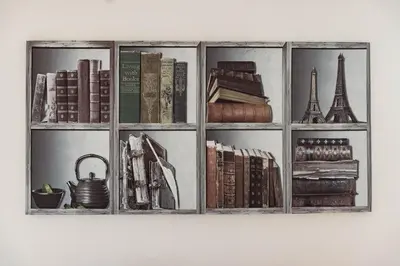 a shelf with books and other items on a wall at Apartman Kalvarija in Belgrade