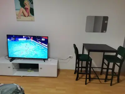 a living room with a tv and a table with chairs at ViP ROOMS PRENOCISTE 026 in Smederevo