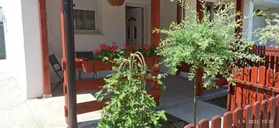 a porch with some plants and flowers on it at Apartmani Glorija in Arandjelovac
