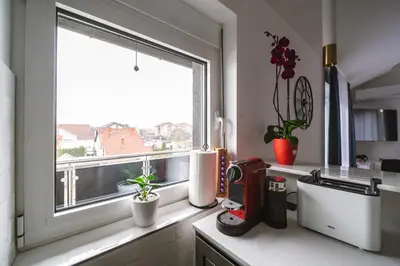 a kitchen counter with a window and a appliance on it at Afrodita apartman in Surčin