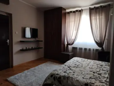 a bedroom with a bed and a tv and a window at danguba 2 in Nova Pazova