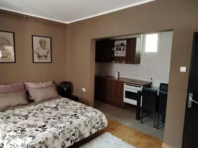 a small bedroom with a bed and a kitchen at danguba 2 in Nova Pazova