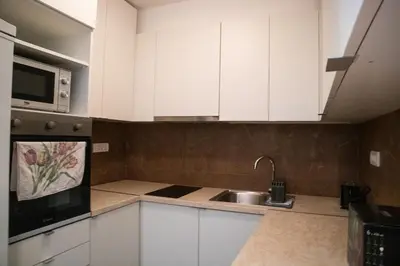 a kitchen with white cabinets and a sink and a microwave at Dukes Apartment in Belgrade