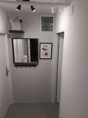 a hallway with a mirror on a white wall at ADA, New Belgrade in Tošin Bunar