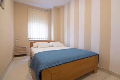 a bedroom with a bed with a blue blanket and a window at Jana apartmani in Novi Grad
