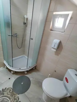 a bathroom with a shower and a white toilet at A1 - Airport Belgrade Apartment in Belgrade
