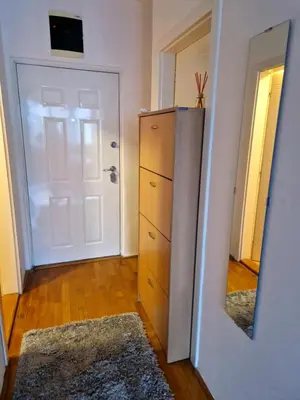 a room with a dresser and a door with a mirror at Anchy Apartment in Belgrade