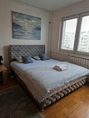a large bed in a bedroom with two windows at Anchy Apartment in Belgrade