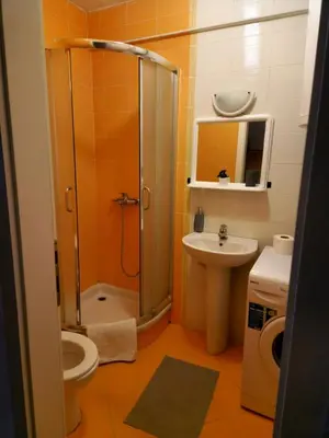 a bathroom with a shower and a toilet and a sink at Anchy Apartment in Belgrade