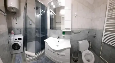 a bathroom with a sink and a toilet and a shower at Apartman PAVLOVIC 1 in Dedinje