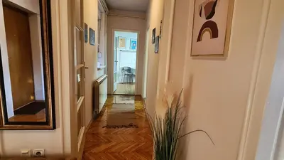a hallway with a mirror and a plant at Windows City Apartment in Belgrade
