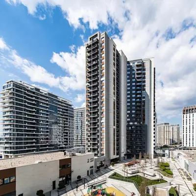 a view of tall buildings in a city at Stylish Apartment in Belgrade Waterfront in Belgrade