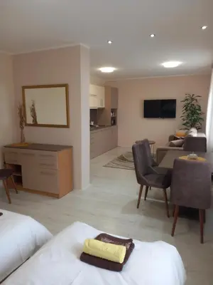 a room with a living room and a kitchen with a couch at LEDA Apartmani in Smederevo