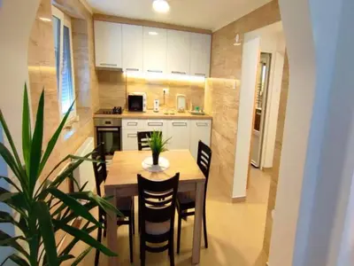 a kitchen with a table and chairs and a plant at Apartman Green Garden Aranđelovac in Arandjelovac