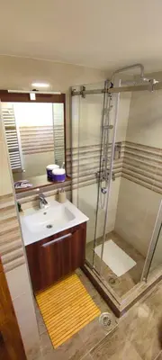 a bathroom with a sink and a shower at Apartman Green Garden Aranđelovac in Arandjelovac