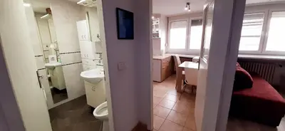 a small bathroom with a sink and a toilet at Apartman Šumice in Vračar (historical)