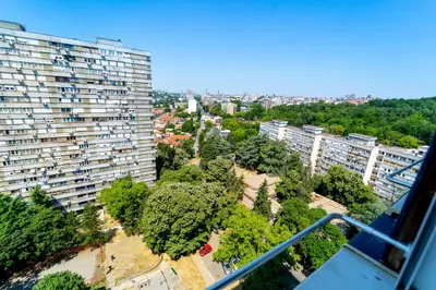 an aerial view of a city with tall buildings at Apartman Šumice in Vračar (historical)