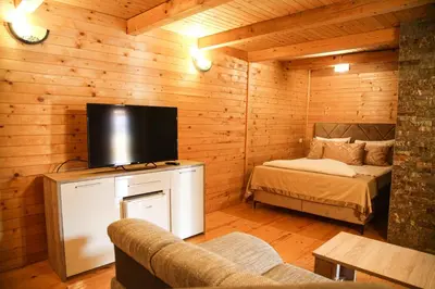 a living room with a bed and a television in a cabin at S Club Resort Hotel Aqua Park and Spa in Belgrade