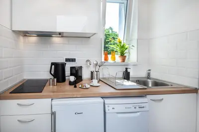 a white kitchen with a sink and a counter top at Studio apartment Financial Park Belgrade in Belgrade