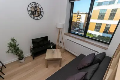 a living room with a couch and a tv and a window at Apartment Atrium- A blok in Novi Beograd