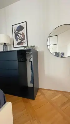 a room with a black dresser and a mirror at Alva Lux Apartment in Belgrade