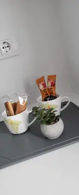 three cups and a bowl on a shelf with a plant at Apartman Bajka in Ruma