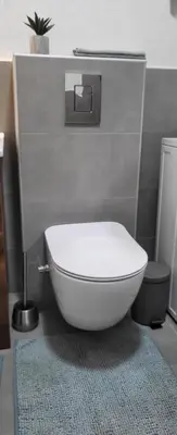 a bathroom with a white toilet and a rug at Apartman Bajka in Ruma