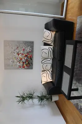 a living room with a couch and a painting at Vanja’s place in Dušanovac (historical)