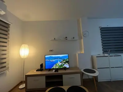 a living room with a television on a desk at Bamsae Belgrade in Vračar (historical)