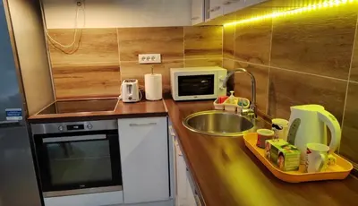 a small kitchen with a sink and a microwave at Bamsae Belgrade in Vračar (historical)