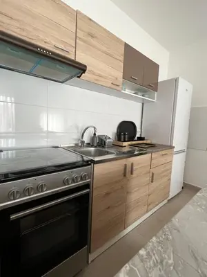 a kitchen with wooden cabinets and a stove and a sink at Delete 5 - Zemunske Kapije in Belgrade