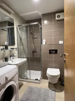 a bathroom with a shower and a toilet and a sink at Delete 5 - Zemunske Kapije in Belgrade