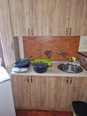 a kitchen counter with wooden cabinets and a sink at Gajica konak-Orasac in Arandjelovac