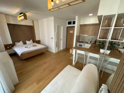 a room with a bed and a kitchen with a table at Selena apartment in Belgrade