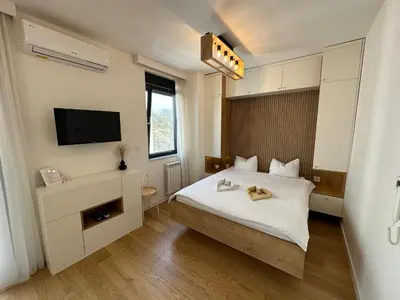a bedroom with a white bed with a television and a bed sidx sidx at Selena apartment in Belgrade