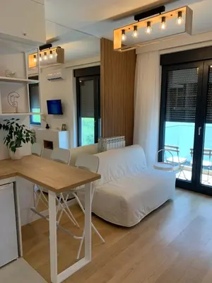 a living room with a table and a couch at Selena apartment in Belgrade